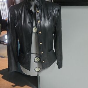 Lord & Taylor Black Leather Jacket with Stand-Up Collar
